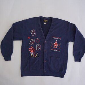 Vintage B Wear Navy Knit School Scissors Ruler Apple House Teacher Cardigan XL